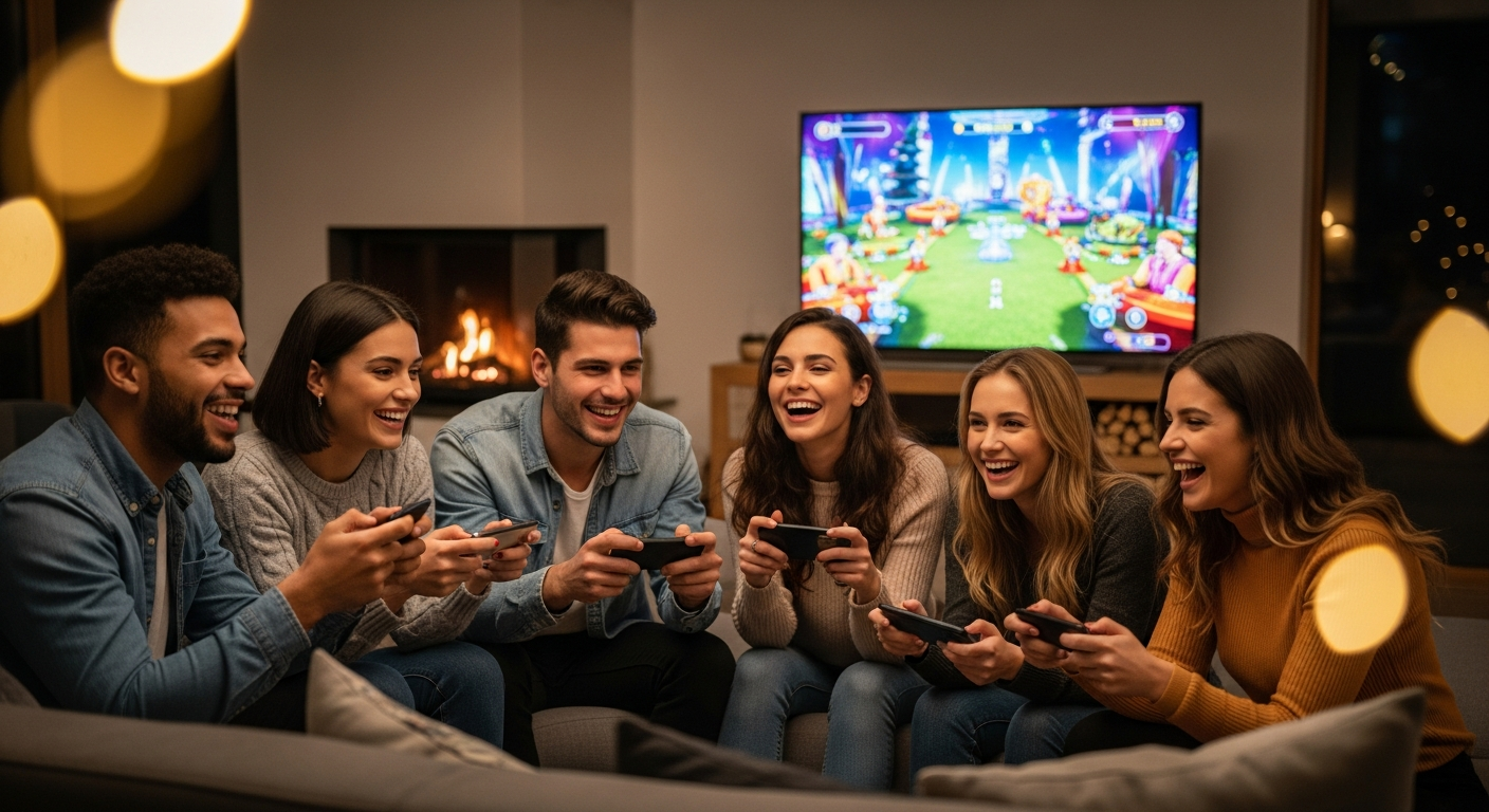 Friends playing Party Box together with phones